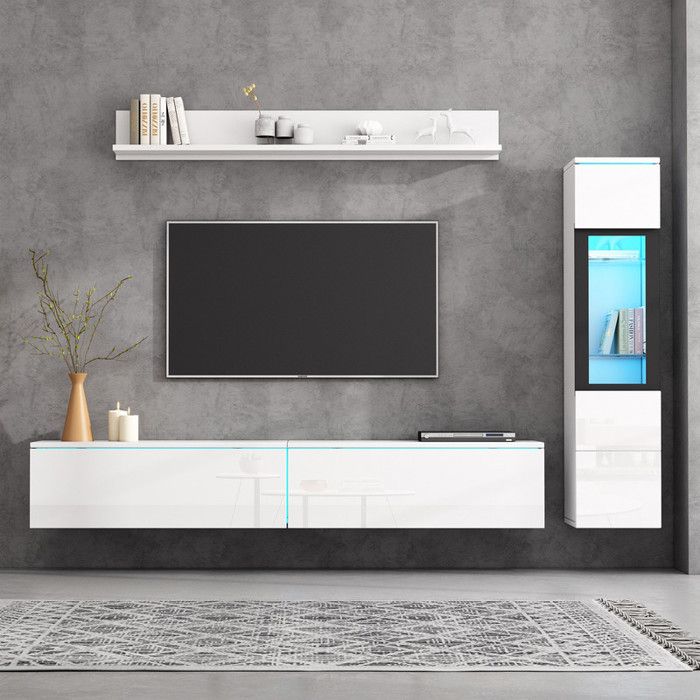 Meuble TV - ensemble de mur de salon TV 3 pièces éclairage LED haute brillance blanc Ensemble de meubles
