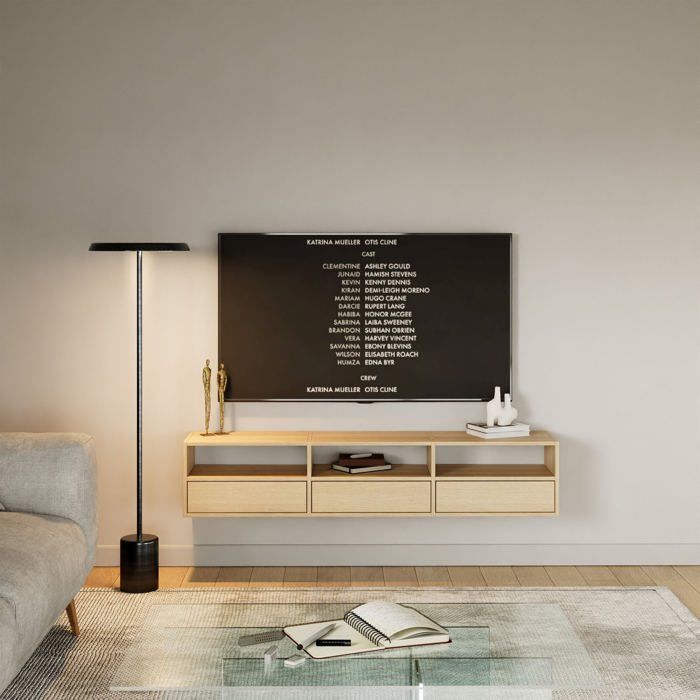 Meuble TV avec 3 abattants et étagères – FRAMME – aspect chêne – 150 cm