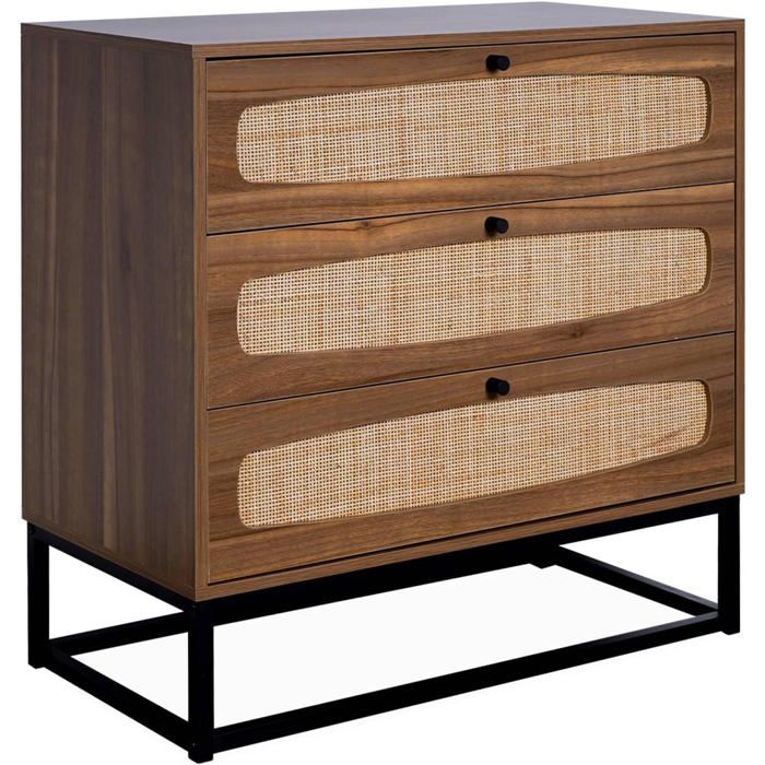 Sweeek - Commode rétro décor Bois et cannage 3 tiroirs piètement et ...