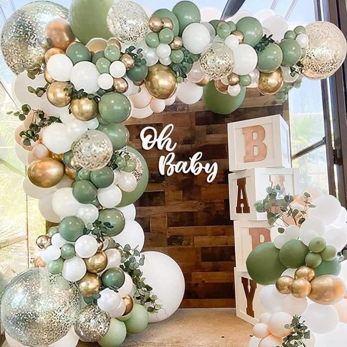 Kit Déco Anniversaire Vert Sauge – Banderoles, 52 Ballons, Pompons – Pour Fille, Garçon, Homme, Femme – Facile à Gonfler Et Installer