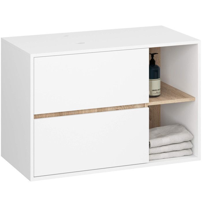 Meuble salle de bains VAMI sans vasque suspendu Blanc et Chêne Sonoma 90 cm 2 tiroirs 2 étagères 90x45 5x60 cm Meuble salle de bains VAMI sans vasque suspendu Blanc et Chêne Sonoma 90 cm 2 tiroirs 2 étagères 90x45 5x60 cm