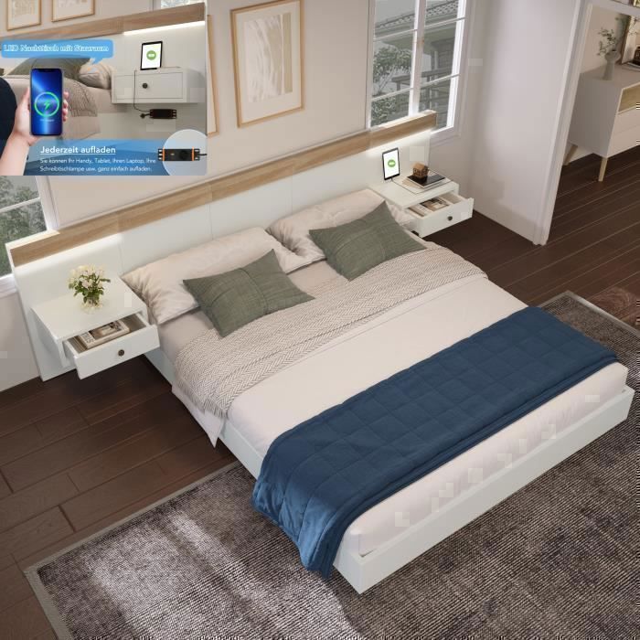Lit double 160x200 cm - AUTREMENT - Chêne/Blanc - 2 lampes LED USB-C - Sommier inclus - Style contemporain