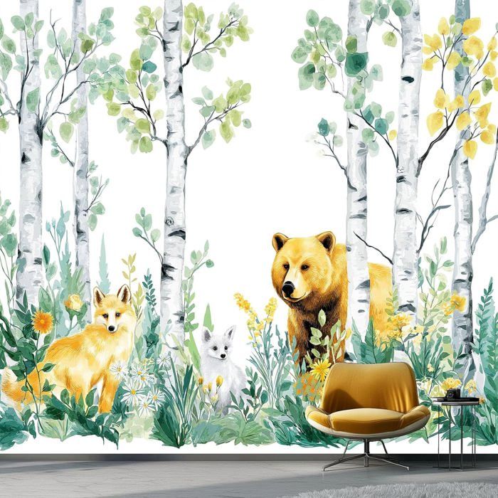Papier Peint Panoramique Aquarelle Jungle Renard Ours Vert Jaune Mural ...