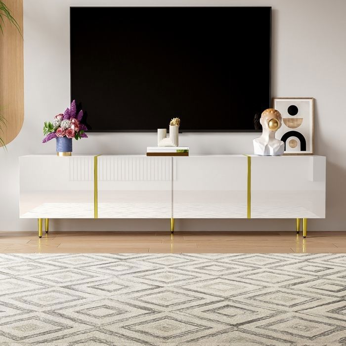 Meuble TV brillant à quatre portes - moderne et sobre-Meuble Télé de Salon avec Lignes Dorées 170x35x46cm Blanc et Or