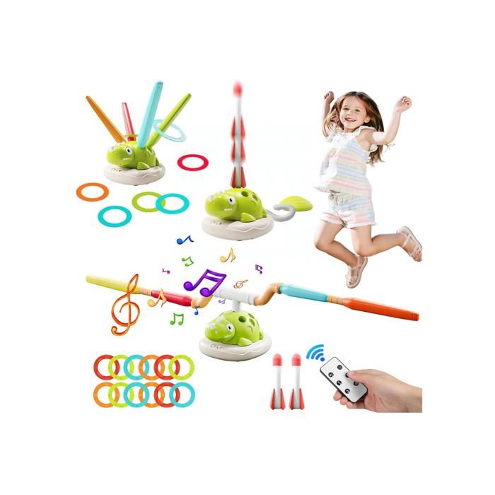 Kit 3 En 1 Jeux Extérieur Enfant - Lanceur Fusée, Lancer Anneaux Et Saut Musical - Cadeau Anniversaire