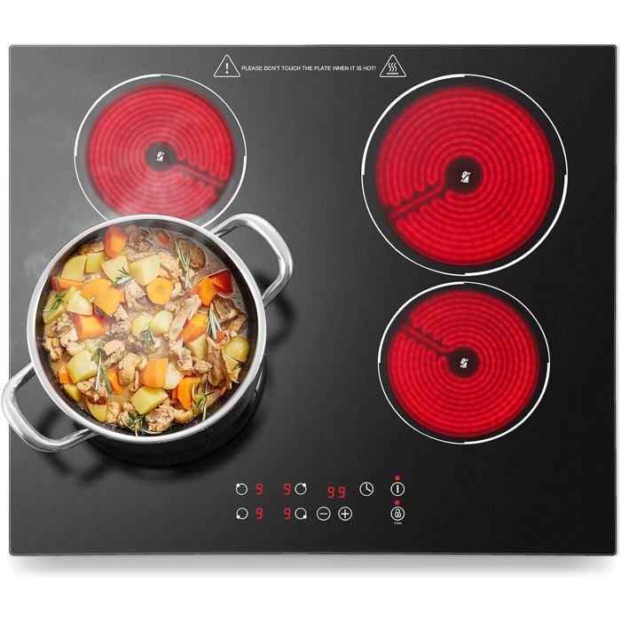 Plaque Vitrocéramique 4 Feux 6000W Encastrable – Table De Cuisson Vitro 220V Avec Minuterie, Pause, Verrou Enfants, 9 Niveaux, 56×49 Cm