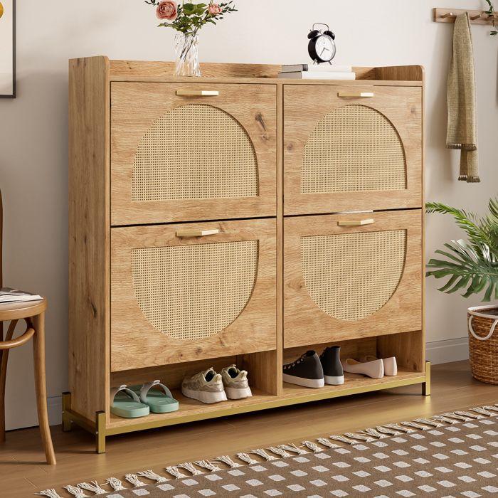 Meuble à chaussures élégant en bois avec portes en rotin - 4 portes cadre métal et étagère haute - Rangement organisé pour entrée