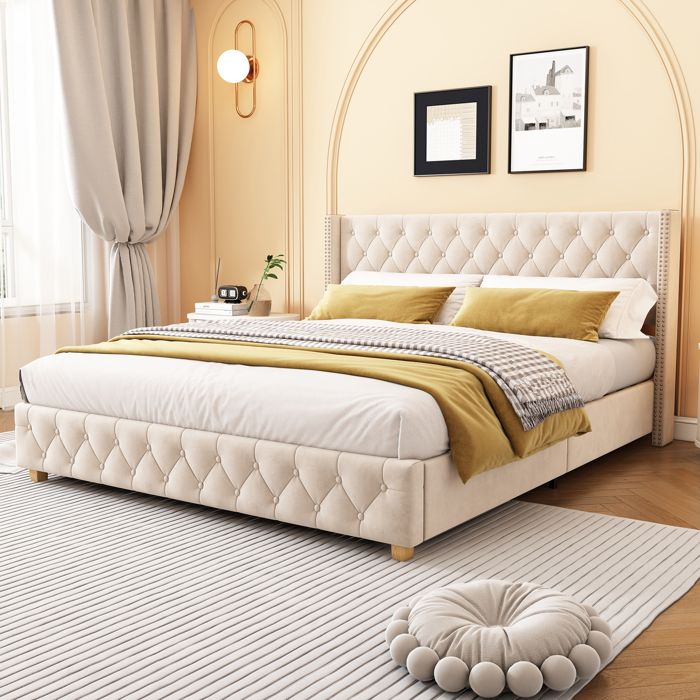 Lit rembourré en velours - 160x200 cm - Beige clair - Capitonnage à boutons - Pieds en bois - Sommier à lattes inclus