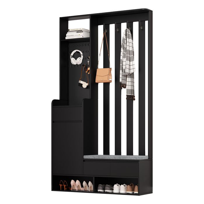 Meuble dentrée 100x35x180 cm vestiaire avec banc MDF noir