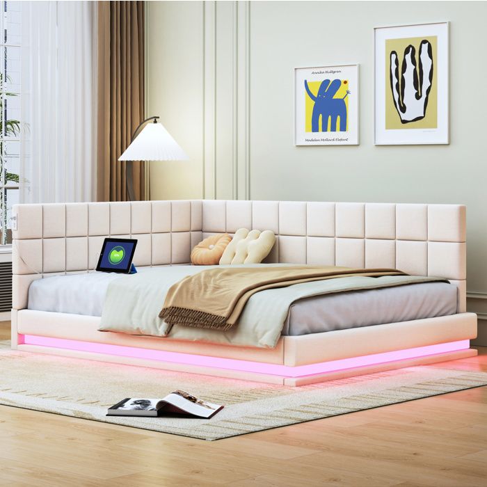 MEUBLIV Lit capitonné adulte 140x200 cm avec bande lumineuse LED et port USB lin beige