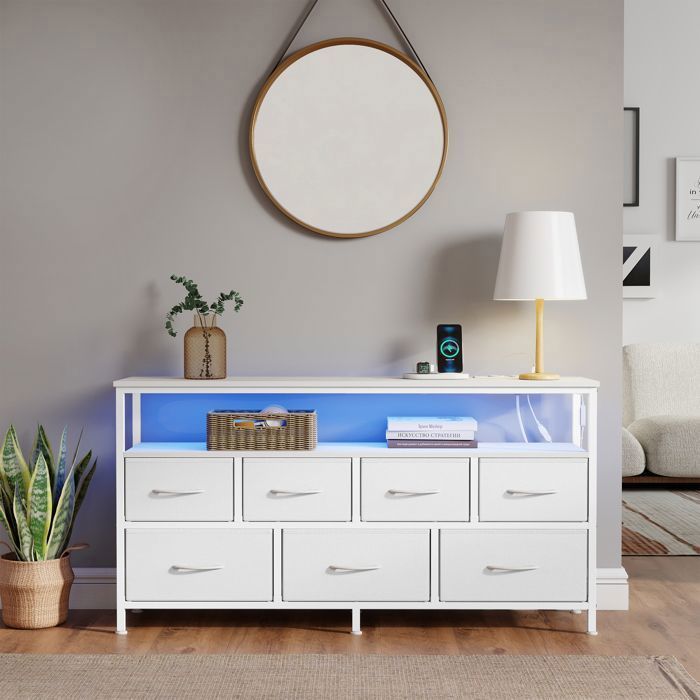 Commode avec LED Réglable et Multiprise 7 Tiroirs en Tissu Style Moderne Chambre Blanc