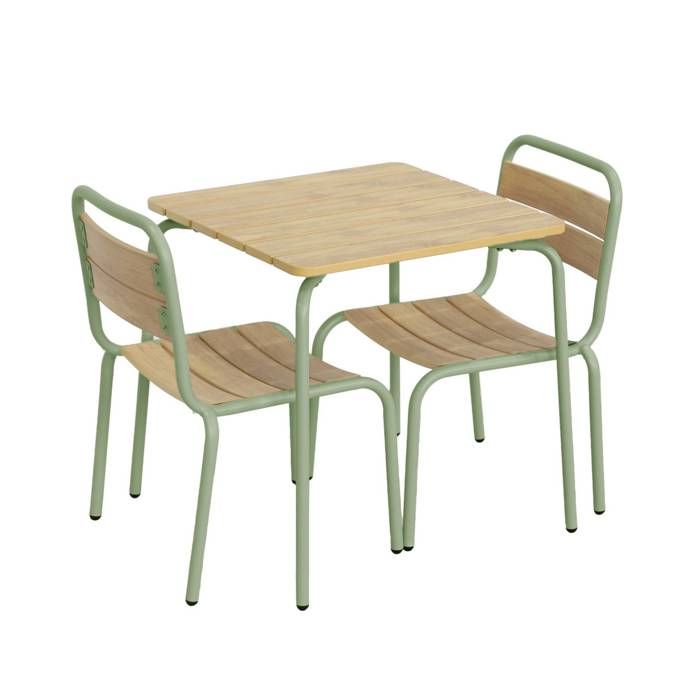 Table de jardin enfant acier et décor bois + 2 assises vert de gris - Suzie Table de jardin enfant acier et décor bois + 2 assises vert de gris - Suzie