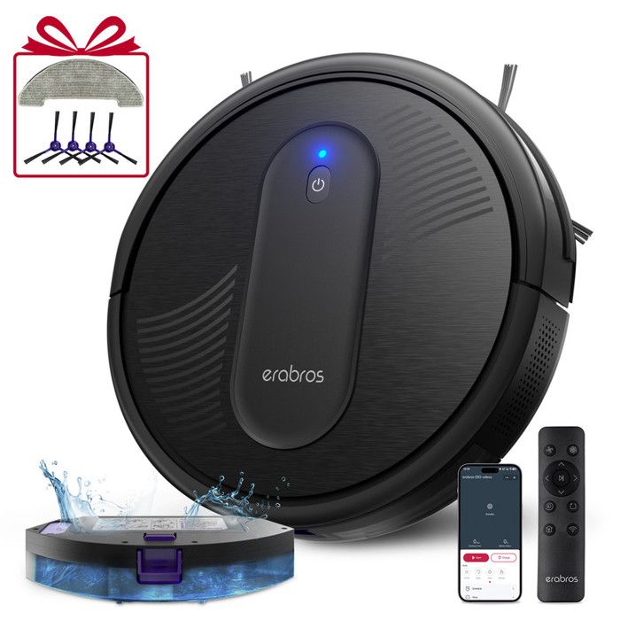 Erabros ER2 Aspirateur Robot Laveur 3-en-1 4000Pa Ultra-plat 81 cm Autonomie 140 min Contrôle App / Télécommande / Voix - Erabros