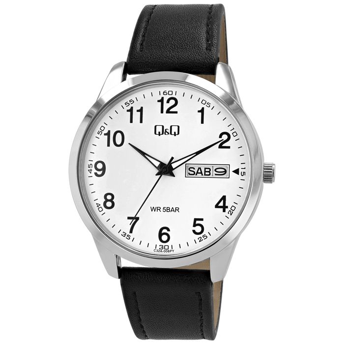 Montre - Q&Q - Miyota 2405 - Cadran blanc - Bracelet simili cuir noir 20 mm - Étanchéité 5 ATM