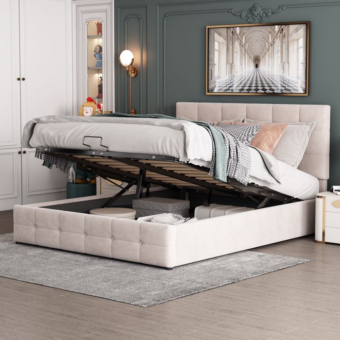 Lit Coffre Blanc  Lit Capitonné 140x200 cm avec Sommier à Lattes Métal et design Moderne pour Adultes Sans Matelas