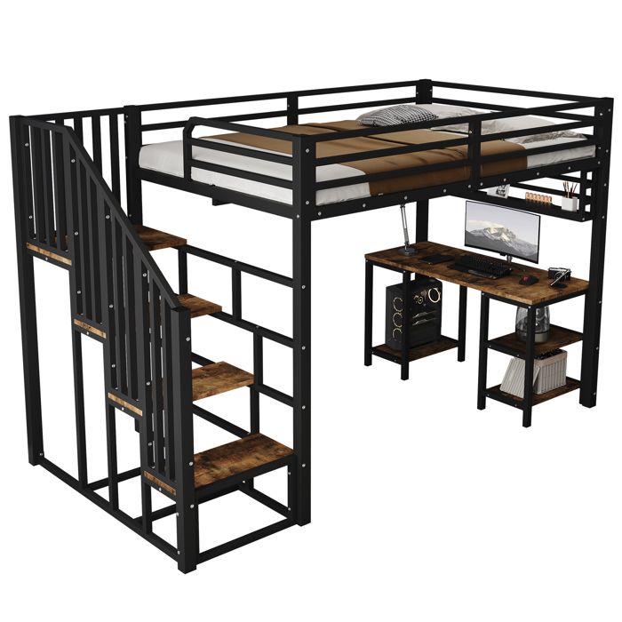 Lit Mezzanine 120x200 cm avec Bureau et Escalier à Rampe - Lit Surélevé en Métal Noir avec Rangement Sans Matelas