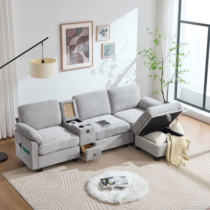 Canapé dangle - SOGEU - Modern Comfort - Velours côtelé gris - Console amovible USB-C & porte-gobelets - Pouf coffre
