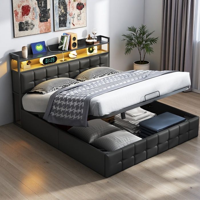 Lit coffre capitonné 160x200 cm lit double adulte avec LED et port rechargeable tête de lit et sommier à lattes noir