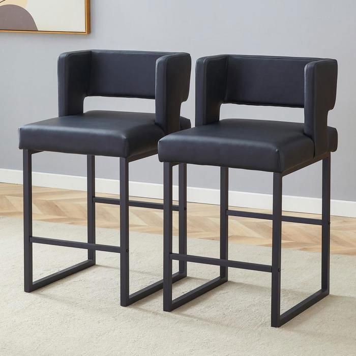 Tabouret de bar - KOMHTOM - Style nordique - Siège carré rembourré - Revêtement PU noir - Pieds métal 91 4 cm