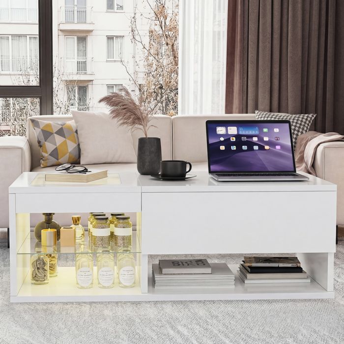 Table Basse Relevable Blanche Rangement Caché + Tiroir Éclairage LED RGB Télécommandé Vitrine & Étagère Ouverte