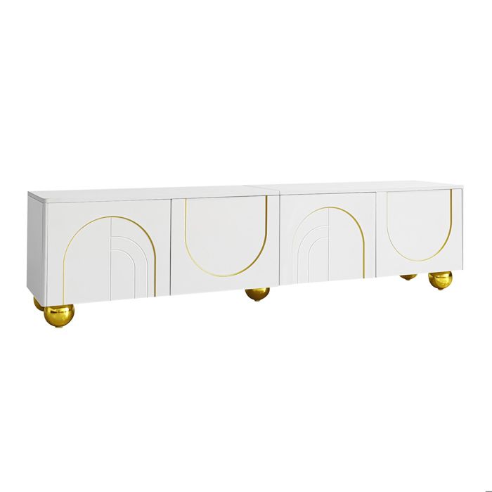 Meuble TV bas 170 cm – Blanc et dore – 4 portes – Panneaux de particules