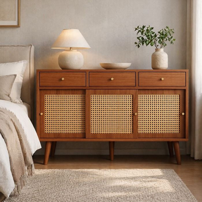Buffet bas – 3 tiroirs et 3 portes coulissantes en cannage – coloris noyer – 120 x 40 x 78 cm