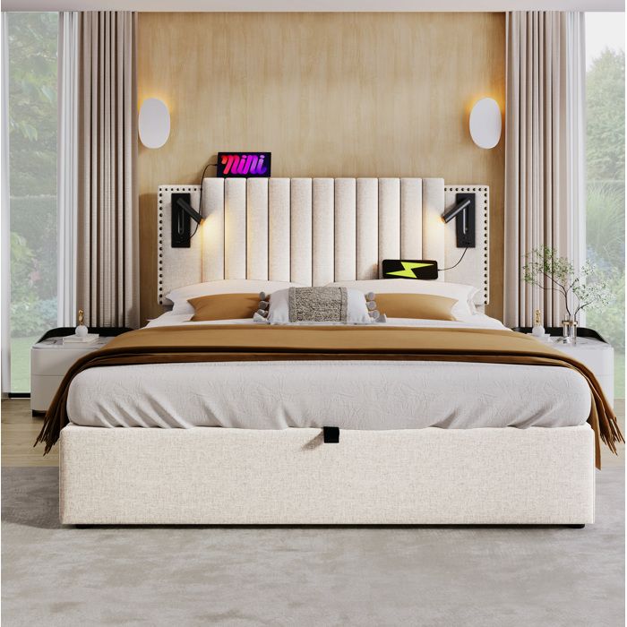 Lit Coffre 160x200 cm Avec USB Et Type-C Lampe De Lecture Tête Réglable Sommier Inclus Coton Beige