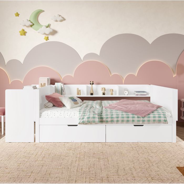 ROVRYN Lit combiné 90 x 200 cm avec bureau 2 tiroirs étagères pin et panneaux de particules blanc