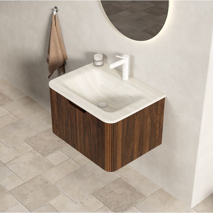 Meuble sous vasque suspendu 60 cm EVRYAE avec vasque intégrée en pierre frittée effet travertin Roma 1 tiroir LED