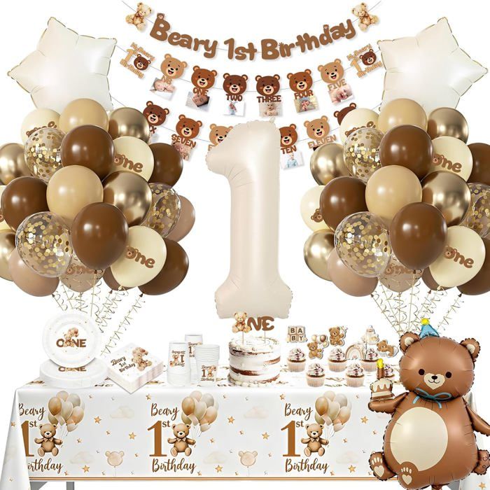 Décoration anniversaire 1 an thème ours - lot complet avec ballons latex nappe assiettes et gobelets en papier photo banner