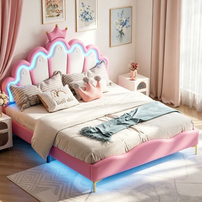 Lit Fille 140x200cm Lit Enfant Princesse avec LED et Sommier à Lattes Tête de Lit Réglable pour Chambre de Fille Cuir PU Rose