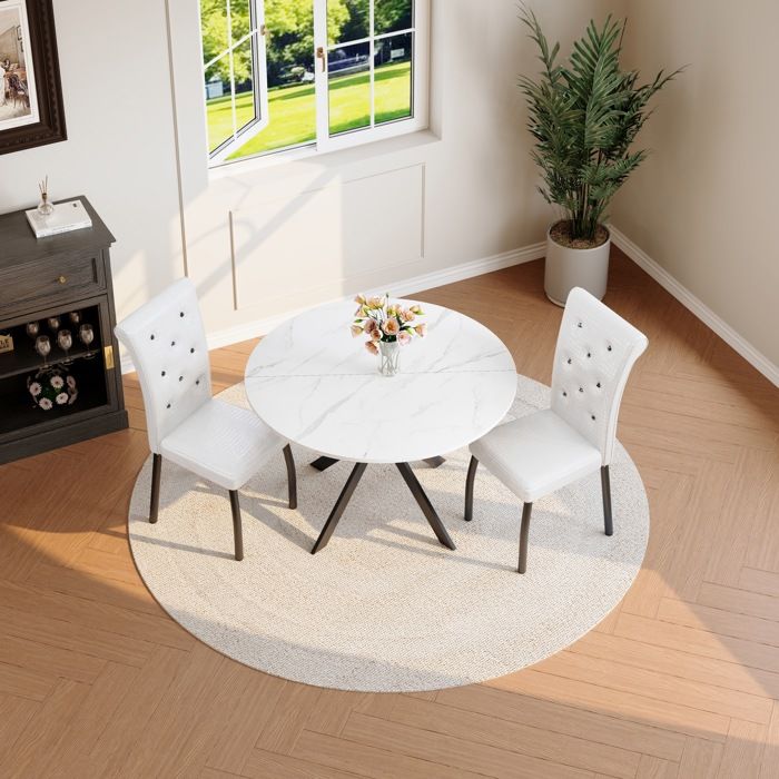 Ensemble Salle à Manger Table Ronde Effet Marbre Blanc avec 2 Chaises Rembourrées - TCQPZ - en MDF et Métal Noir et Blanc