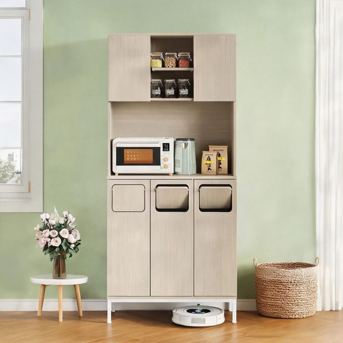Meuble haut de cuisine 181 cm MDF blanc et bois clair range-poubelle et micro-ondes 80x35 cm