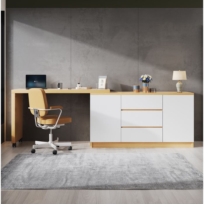 Bureau D Angle Blanc Et Chene Secretaire Pivotant FloraGrace Pour Bureau Ou Chambre 2 Portes 3 Tiroirs 120x50x765cm