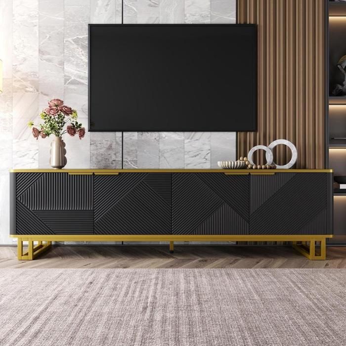 Meuble TV bas - KOMHTOM - 4 portes à motif géométrique - MDF - 160x37 5x48 cm - Noir et or
