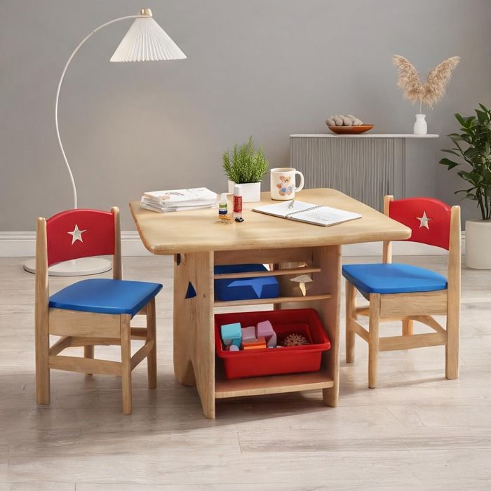 Table et 2 chaises enfant MDF avec 4 bacs de rangement créativité bois naturel