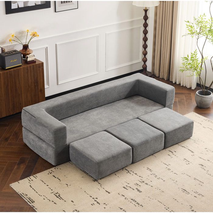 Canapé de sol modulable convertible en lit dappoint EVRYAE 3 places 201 x 151 cm chenille gris