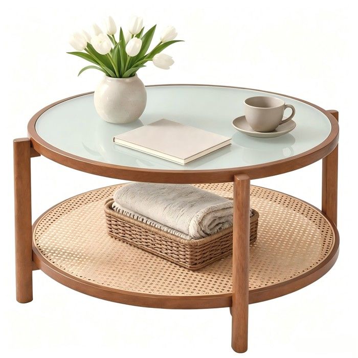 GIANTEX Table Basse Ronde à 2 Niveaux avec Plateau en Verre Trempé Dépoli Pieds en Bois Acacia Massif 88 X 88 X 45 CM