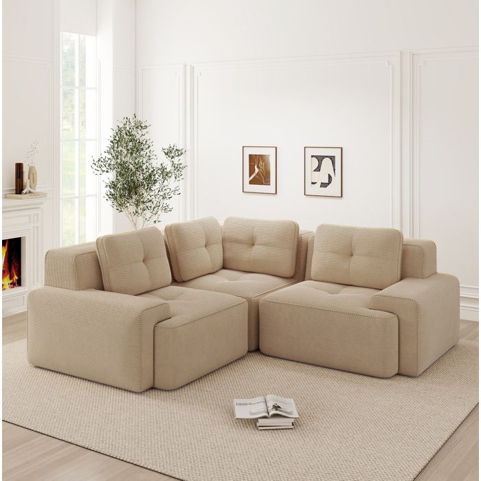 WUVRIE Canape d angle modulable 3 places en tissu cotele beige assise profonde 74 cm sans montage