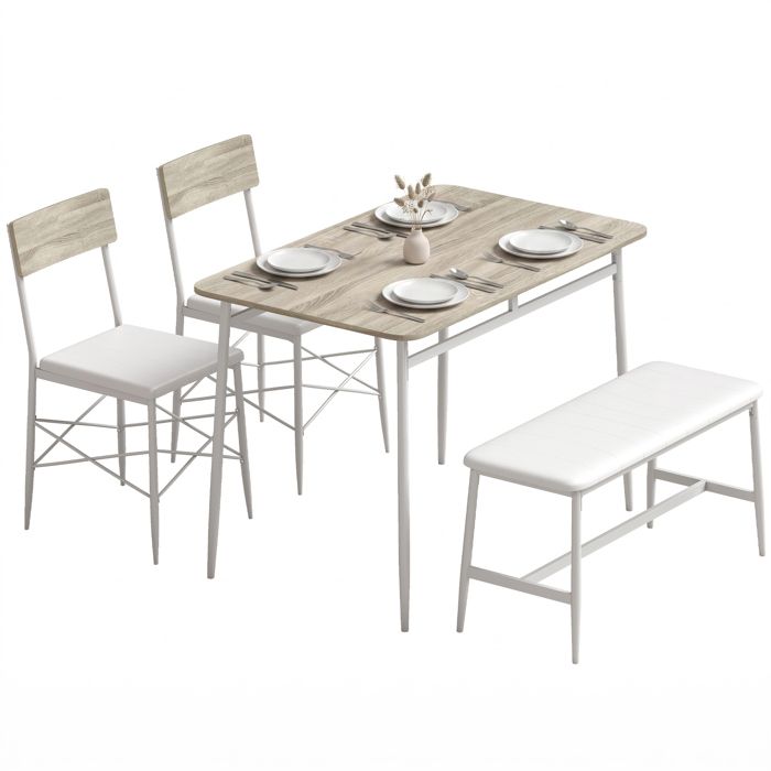 Table à manger - HOMCOM - 2 chaises et banc - assises rembourrées - bois - 110x70x75cm - chêne et blanc Table à manger - HOMCOM - 2 chaises et banc - assises rembourrées - bois - 110x70x75cm - chêne et blanc
