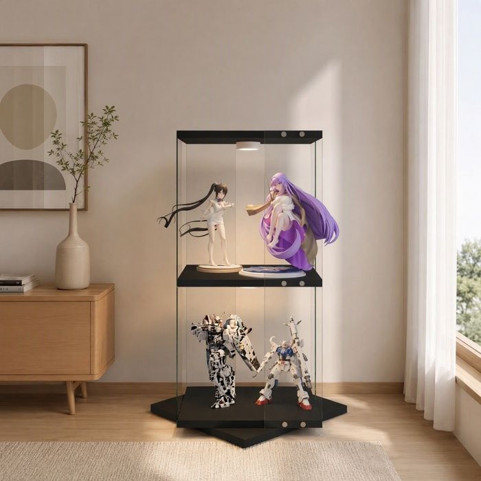 Vitrine pivotante à 360° en verre transparent Meuble colonne avec 2 étagères Gain de place pour salon Chambre et bureau Noir