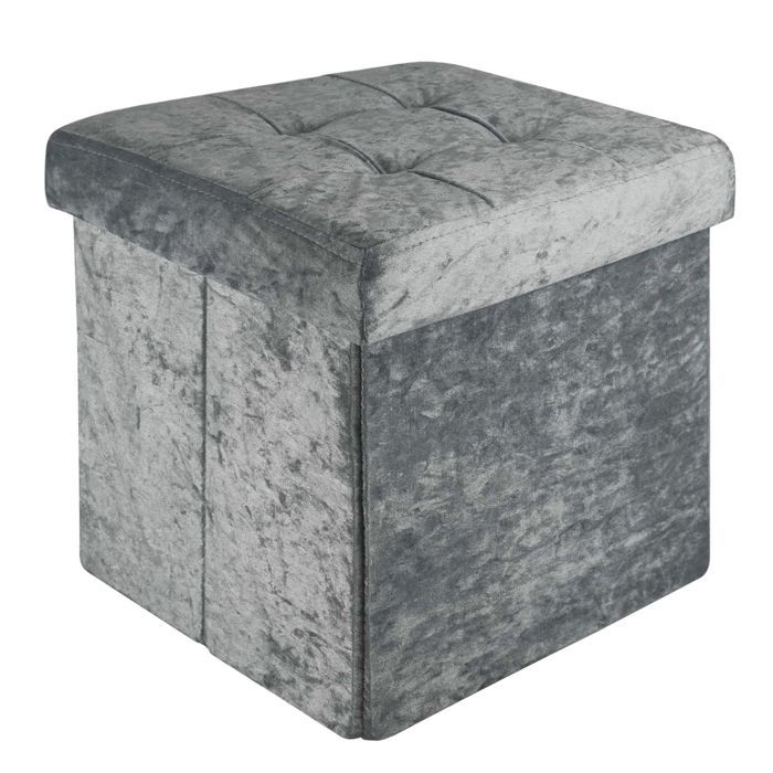 Pouf coffre de rangement pliable 38x38x38 cm en velours gris - tabouret cube repose-pieds et boîte de rangement avec couvercle