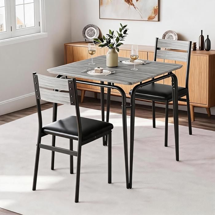 Ensemble repas 2 personnes gris - Table carrée 2 chaises plateau MDF - Contemporain compact - Cuisine appartement