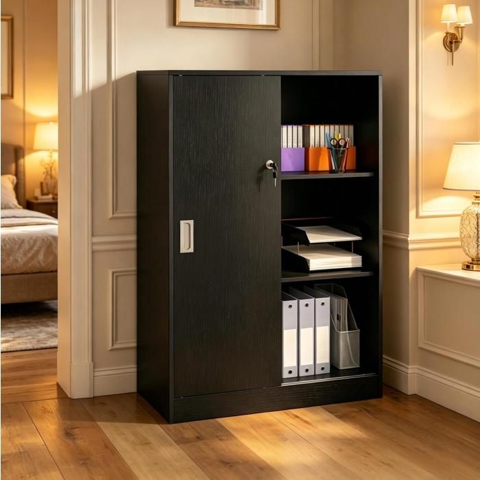 Armoire de bureau noire – armoire à dossiers à portes coulissantes verrouillables – 2 étagères – 80 x 40 x 120 cm
