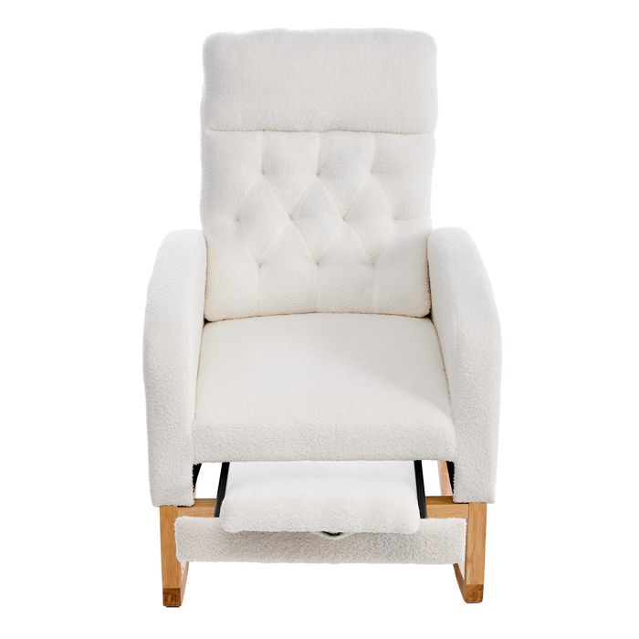 Fauteuil à bascule – Bouclé blanc – Repose-pieds extensible – Accoudoirs – Bois massif