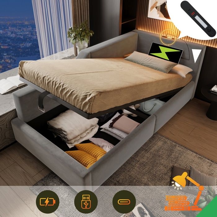 Lit coffre 90x190 cm pour enfant et adolescent avec rangement hydraulique sommier à lattes velours gris