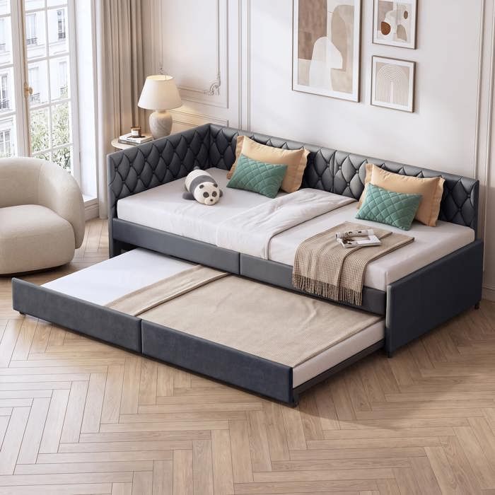 Canapé-lit 2 places convertible 90x200cm avec Lit gigogne Lit capitonné avec sommier Lit plian avec Dossier Velours gris