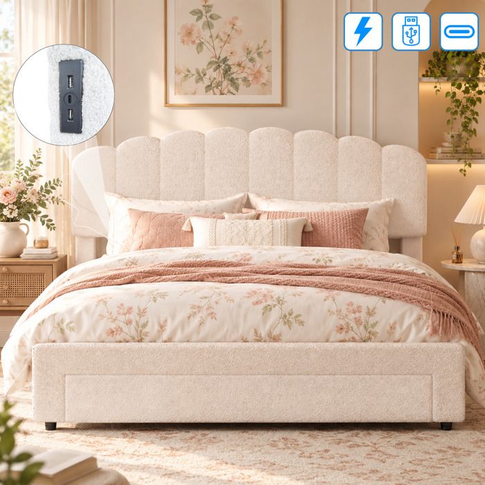 Lit double 160x200 en velours teddy - tiroir à roulettes - tête réglable USB Type-C - sommier- Lit capitonné moderne design - beige