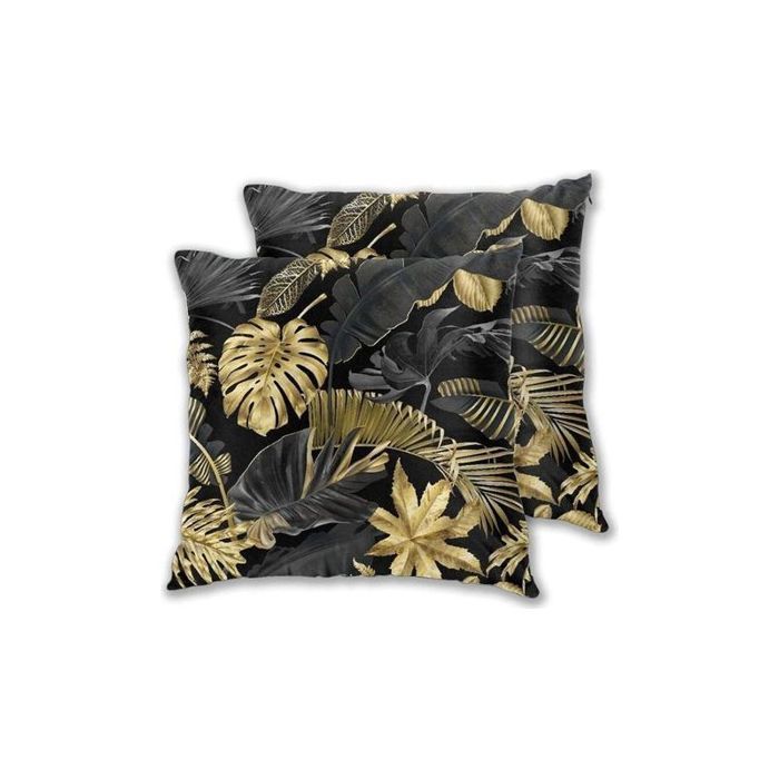 Lot de 2 housses de coussin décoratives 45x45 cm feuilles tropicales or et noir Lot de 2 housses de coussin décoratives 45x45 cm feuilles tropicales or et noir