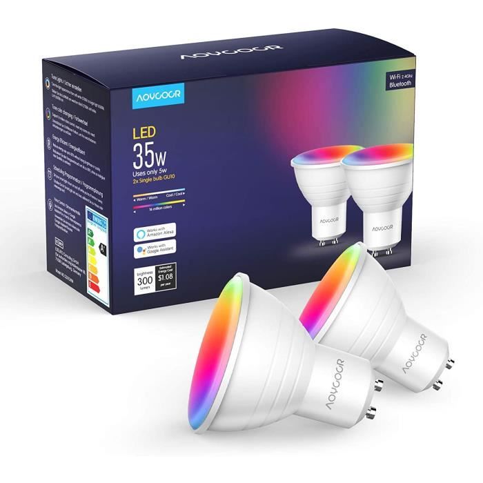 à intensité variable 2pack contrôle de la musique via lapplication 50W 2700-6500K+RGB compatible avec Alexa Google Home Ampoules LED intelligentes WiFi GU10 lumière blanche chaude Aoycocr 
